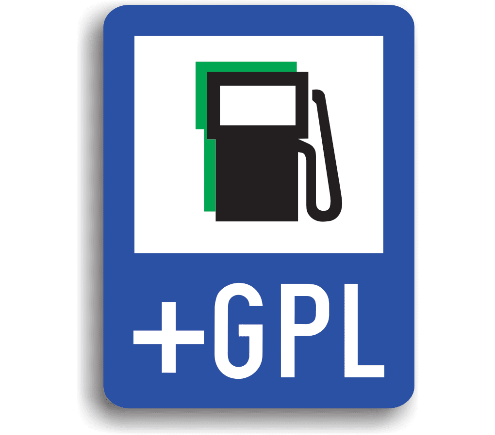 Stație de alimentare cu carburanți inclusiv benzină fără plumb și gaz petrolier lichefiat, indicatoare rutiere